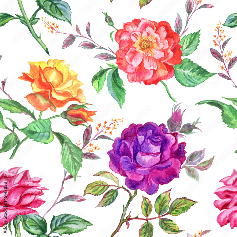Seamless watercolor pattern of multi-colored roses on a white background.