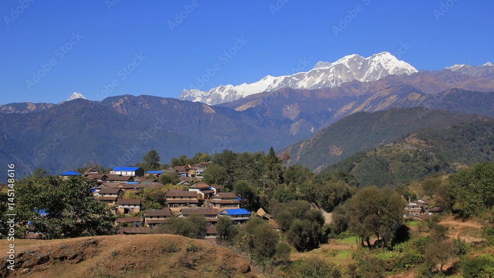 Gurung village Ghale Gaun and snow capped Annapurna range, Nepal. Popular travel destination. Gurung village Ghale Gaun and snow capped Annapurna range, Nepal. Popular travel destination.
