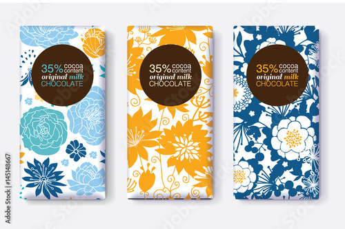 Vector Set Of Chocolate Bar Package Designs With Yellow Blue Pastel Floral Pa...