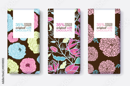 Vector Set Of Chocolate Bar Package Designs With Blue, Pink, and Brown Floral...