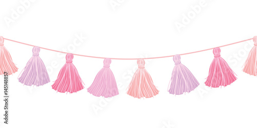 Vector Baby Girl Pink Hanging Decorative Tassels With Ropes Horizontal Seamless Repeat Border Pattern. Great for handmade cards, invitations, wallpaper, packaging, nursery designs.