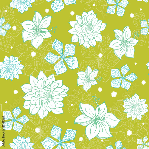 Vector tropical green blue flowers seamless repeat pattern background design....