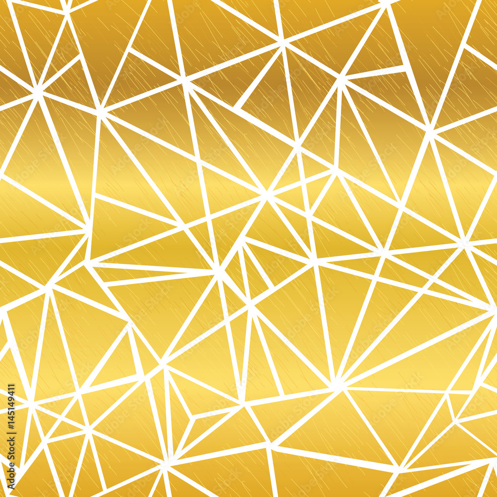 Vector Golden White Glowing Geometric Mosaic Triangles Repeat Seamless Pattern Background. Can Be Used For Fabric, Wallpaper, Stationery, Packaging.
