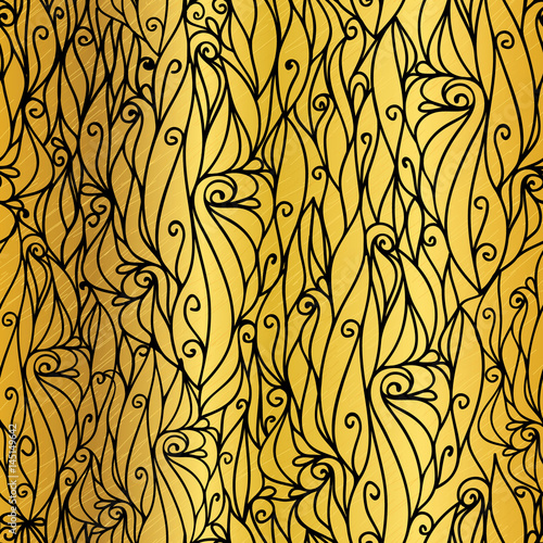 Vector Gold and Black Abstract Scrolls Swirls Seamless Pattern Background. Gr...