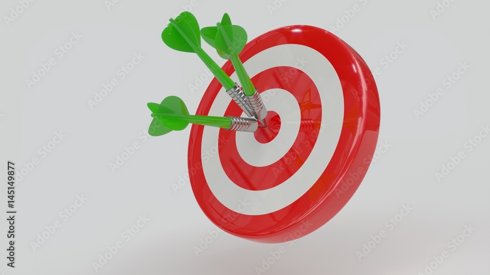 Three green arrows hit big red target. Three green arrows hit big red target.