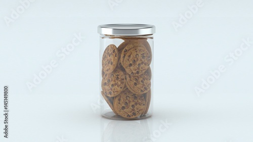 Photo Glass jar with cookies inside on white background.