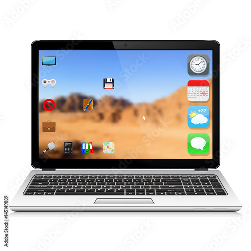 Modern laptop with user interface, isolated on white background