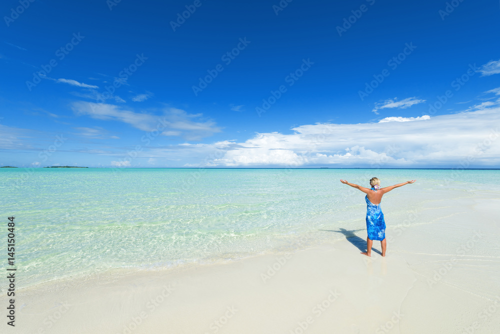 Rear view blonde woman with arms outstretched standing on the white sand beach.Copy space Rear view blonde woman with arms outstretched standing on the white sand beach.Copy space
