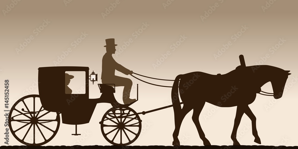 Silhouette of a carriage. Silhouette of a carriage with the coachman. Four-wheel carriage. Vector illustration.
