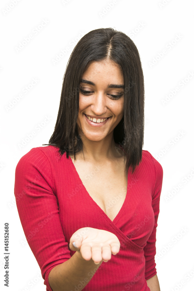Portrait of a beautiful woman with her open hand Portrait of a beautiful woman with her open hand