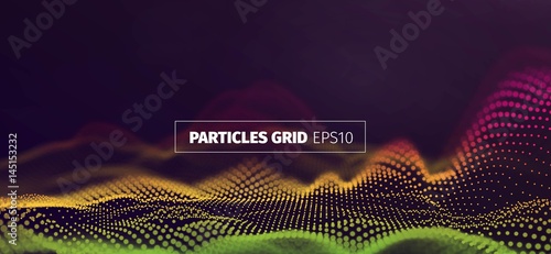 Futuristic infographics. Wavy particles grid. Abstract sound wave flow background