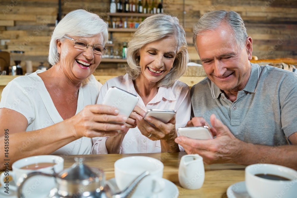 Group of senior friends using mobile phones Group of senior friends using mobile phones
