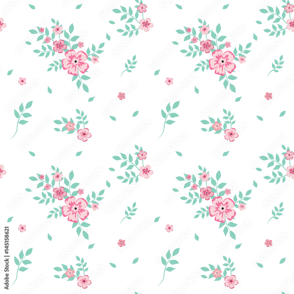 Drawing in a little pink flower on white background .Colored seamless background for textile, fabric, cotton fabric, cover, wallpaper, stamp, gift wrapping and scrapbooking.