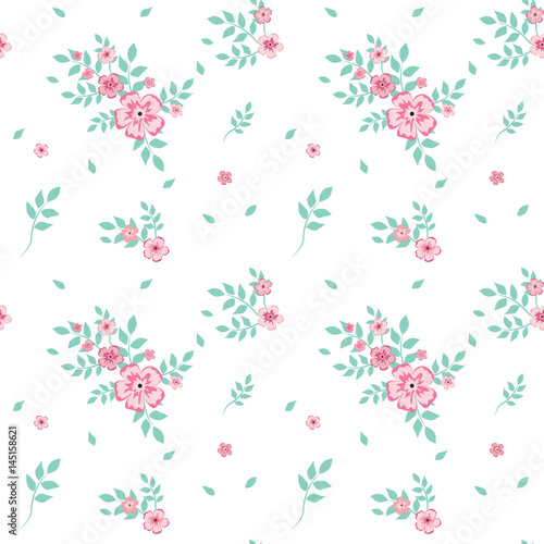 Drawing in a little pink flower on white background .Colored seamless background for textile, fabric, cotton fabric, cover, wallpaper, stamp, gift wrapping and scrapbooking.