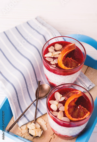 Chia pudding with fresh bloody orange and jam