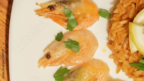 Mediterranean dish of rice with shrimps. Dish of fresh, ecological clean products