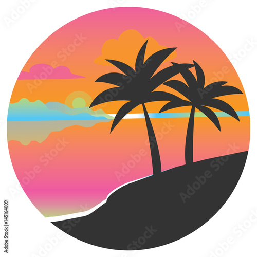 Black silhouette of a palm tree in a circle at sunset. Flat vector icon for design works. Icon with a tropical island