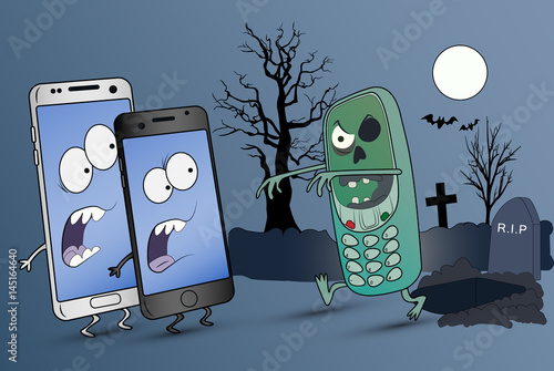 An old serial zombie phone scares smartphones in the cemetery