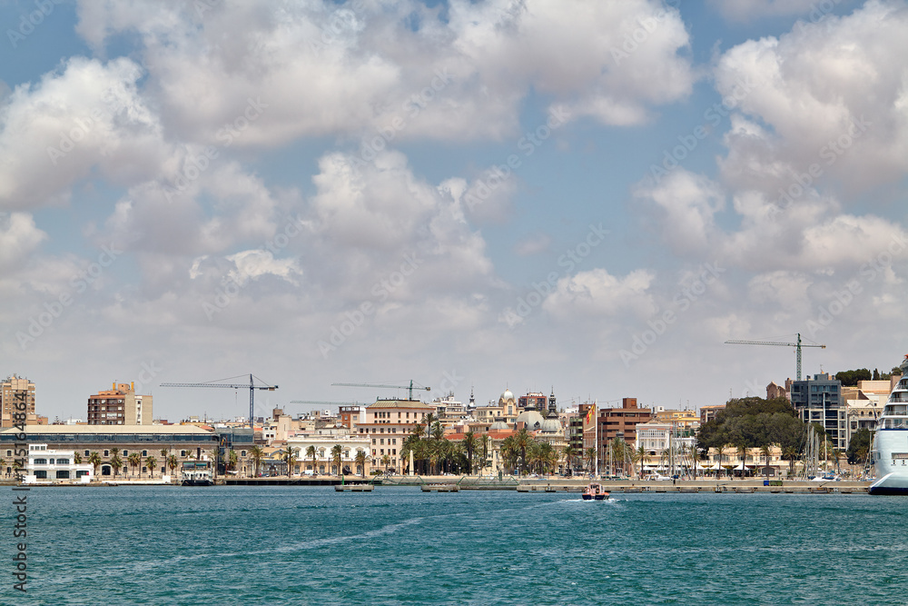 View of the embankment and the historic center of Cartagena from the Mediterranean Sea. Murcia, Spain.