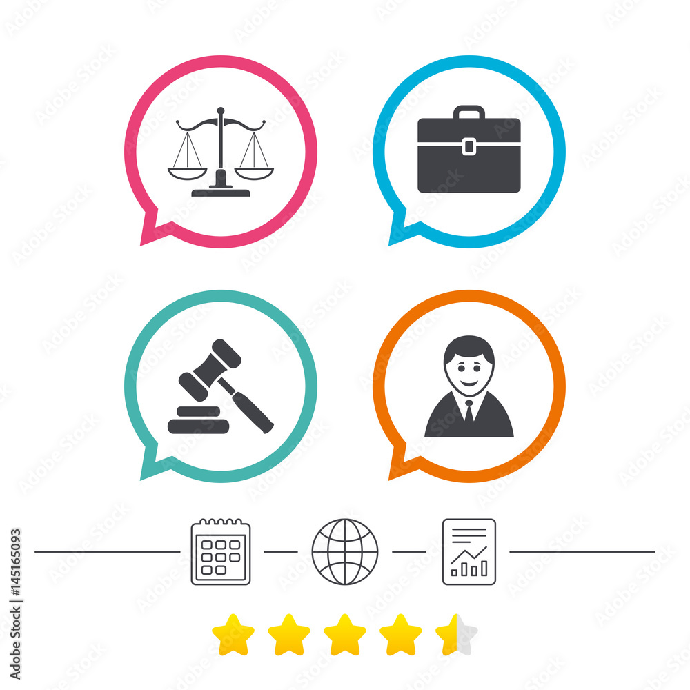 Scales of Justice icon. Auction hammer and case. Scales of Justice icon. Auction hammer and case.