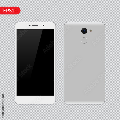 Smartphone, mobile phone on isolated transparent background, Photo realistic vector illustrations modern phone with grey color. Front and back view mockup template.