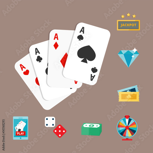 Casino game poker gambler symbols blackjack cards money winning roulette joker vector illustration.