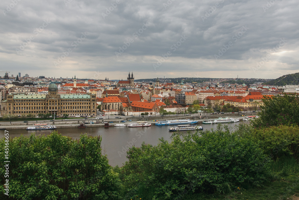 Panorama of Prague`s bridges from Letensky gardens