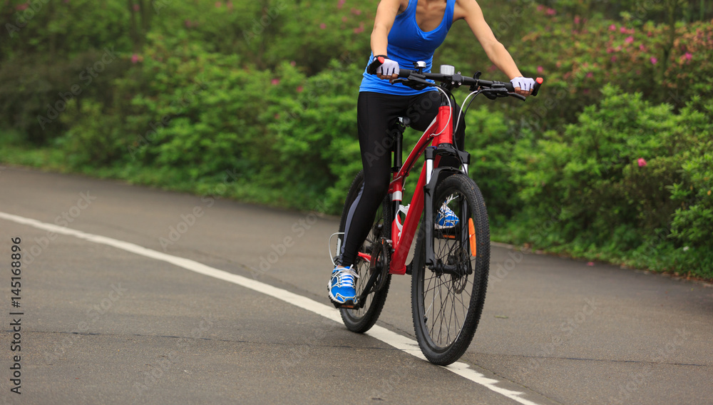Fototapeta premium cyclist riding mountain bike on foggy forest trail