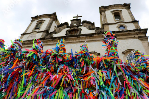 Nosso Senhor do Bonfim Church, a catholic place located in Salvador, Bahia in Brazil. Famous touristic place where people make wishes while tie the colorful ribbons in front of the church. 
