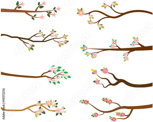 Stylized vector tree branches with green leaves and pink blooming flowers for spring and summer designs