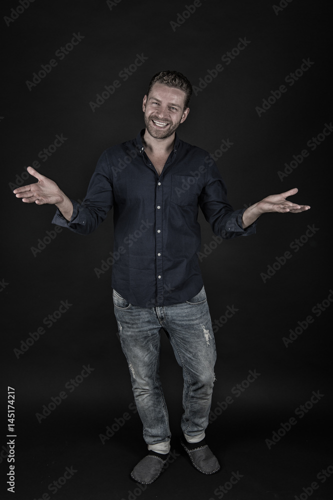happy handsome man with unshaven face in blue shirt happy handsome man with unshaven face in blue shirt