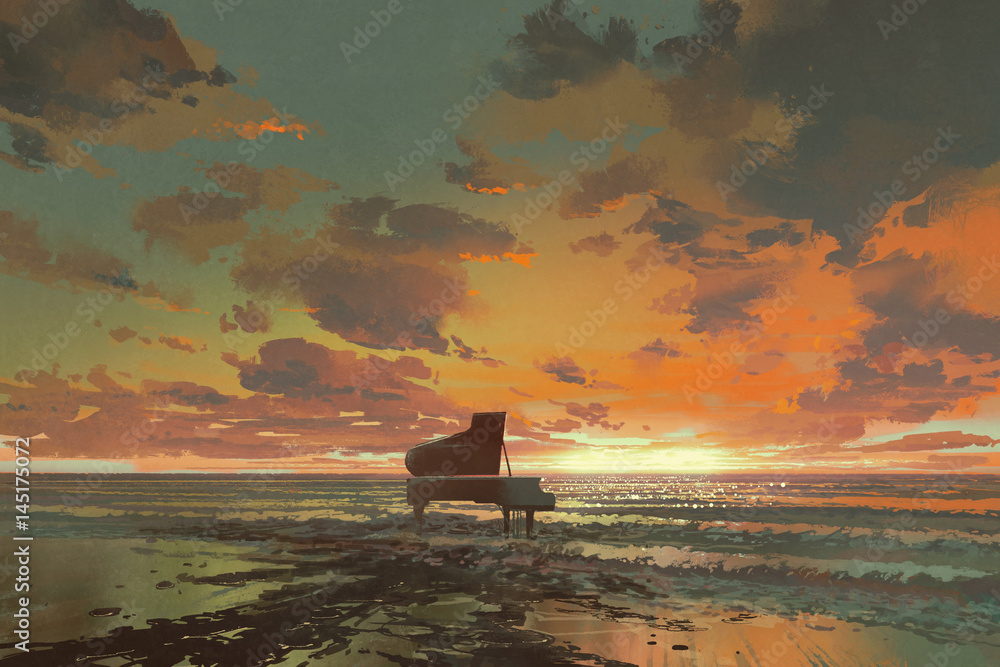 Naklejka premium surrealistyczne malarstwo topnienia czarny fortepian na plaży o zachodzie słońca, ilustracja sztuki