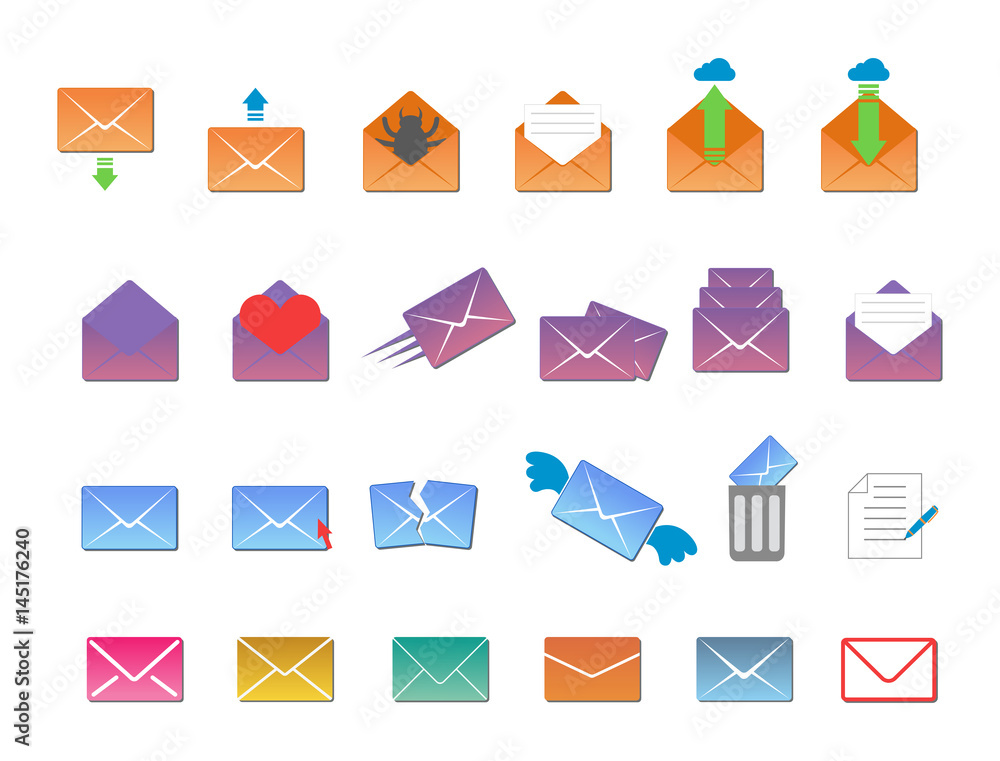 Email envelope cover icons communication and office correspondence blank cover address design paper empty card business writing message vector illustration. Email envelope cover icons communication and office correspondence blank cover address design paper empty card business writing message vector illustration.