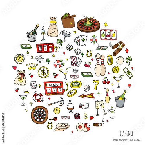 Hand drawn doodle set of Casino icons. Vector illustration set. Cartoon Gambling symbols. Sketchy game elements collection: bet, jackpot, cards, chips, coins, darts, roulette, poker, money, slot.
