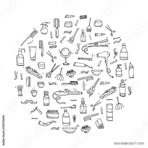 Hand drawn doodle Hair salon icons set. Vector illustration. Barber symbols collection. Cartoon hairdressing equipment elements: shampoo, mask, hair die, scissors, iron, curlers, dryer, razor.
