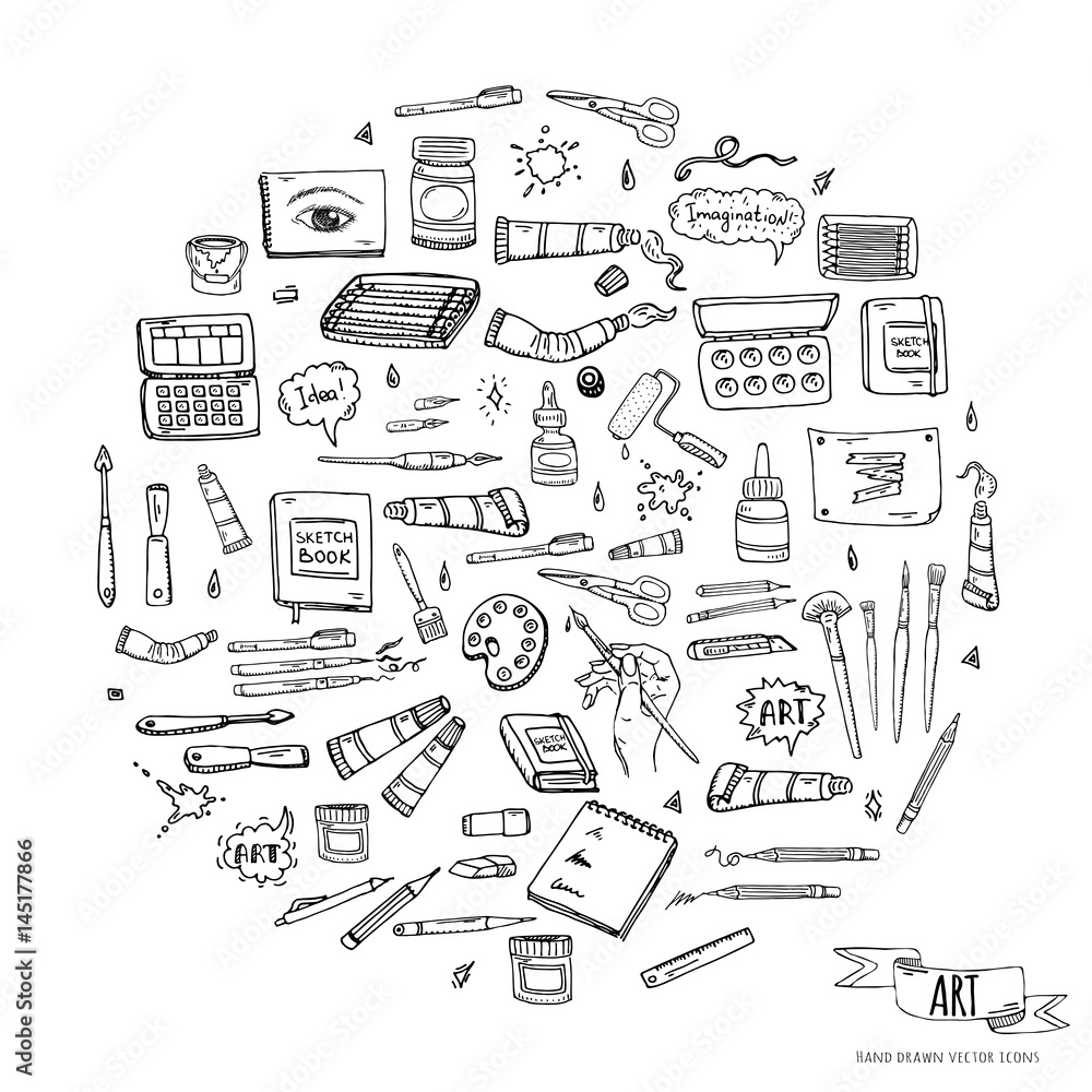 Hand drawn doodle Art and Craft tools icons set Vector illustration art instruments symbols collection Cartoon various art tools Brush Watercolor Paint Artist elements on white background Sketch Hand drawn doodle Art and Craft tools icons set Vector illustration art instruments symbols collection Cartoon various art tools Brush Watercolor Paint Artist elements on white background Sketch
