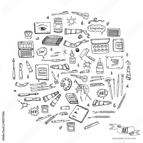 Hand drawn doodle Art and Craft tools icons set Vector illustration art instruments symbols collection Cartoon various art tools Brush Watercolor Paint Artist elements on white background Sketch