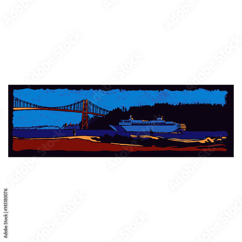 Cruise ship going under a bridge, dark background.