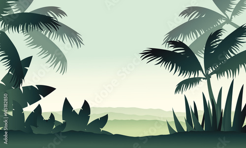 Jungle scenery with palm silhouettes