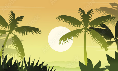 Forest scenery with palm silhouettes