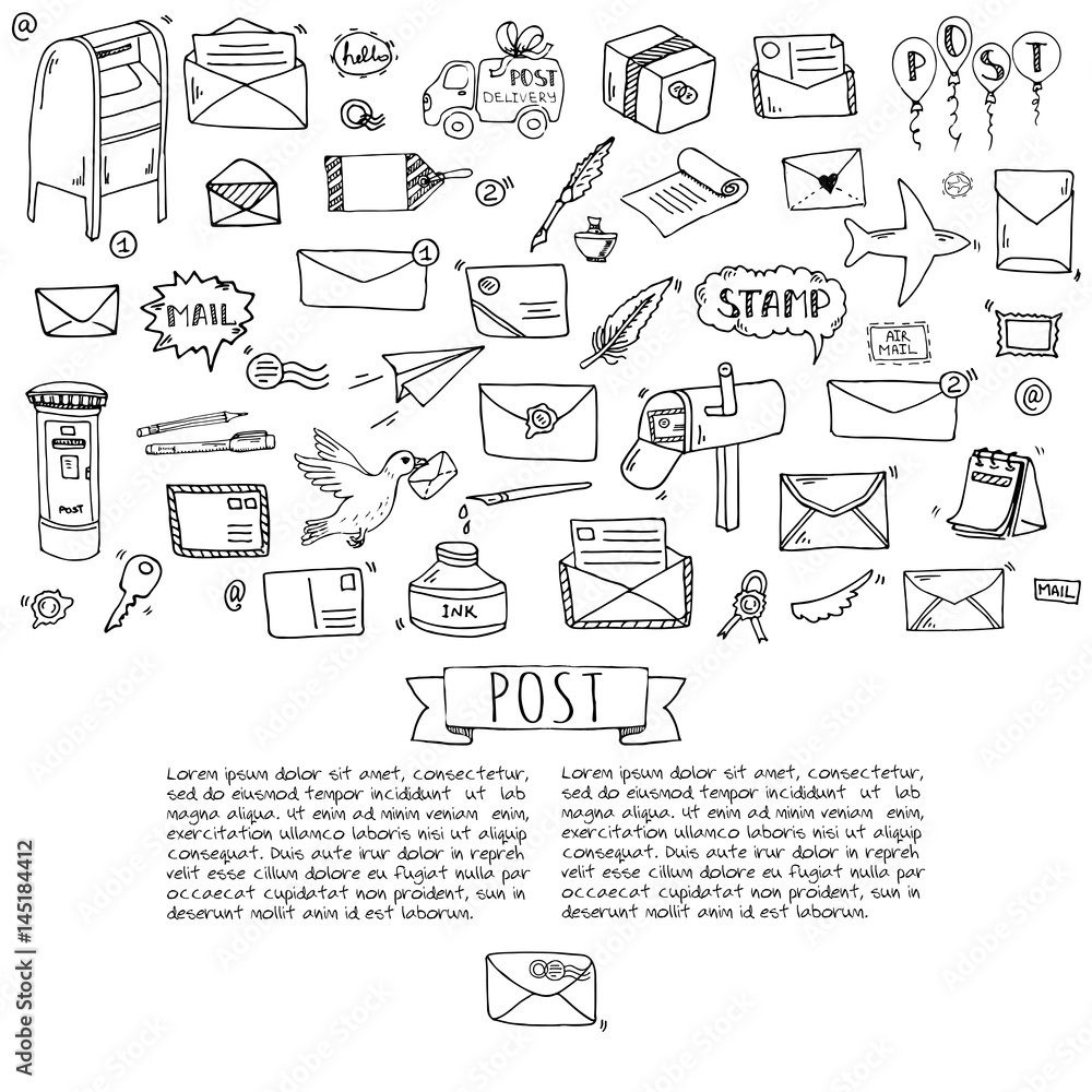Hand drawn doodle Postal elements icon set. Vector illustration. Isolated post symbols collection. Cartoon various mail element: letter, envelope, stamp, post box, package, delivery truck, pigeon. Hand drawn doodle Postal elements icon set. Vector illustration. Isolated post symbols collection. Cartoon various mail element: letter, envelope, stamp, post box, package, delivery truck, pigeon.