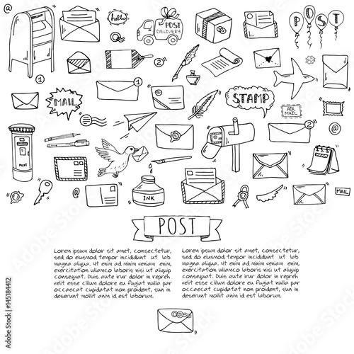 Hand drawn doodle Postal elements icon set. Vector illustration. Isolated post symbols collection. Cartoon various mail element: letter, envelope, stamp, post box, package, delivery truck, pigeon.