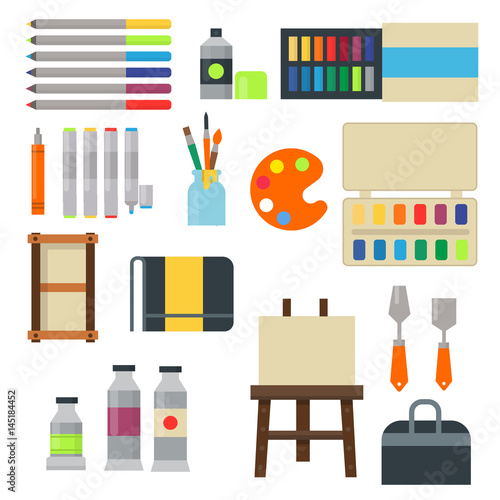 Painting art tools palette icon set flat vector illustration details stationery creative paint equipment.