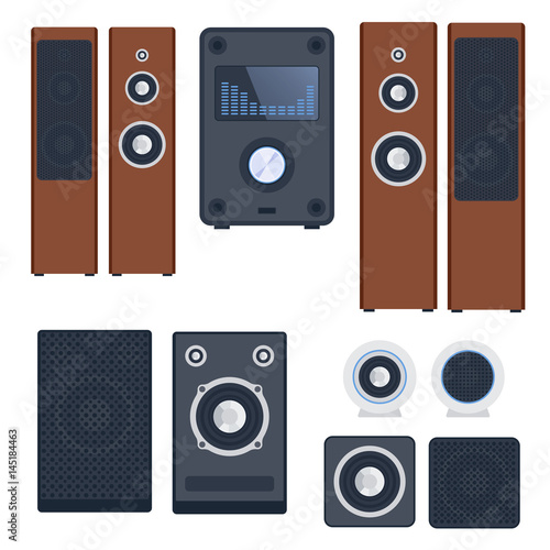 Home sound system stereo flat vector music loudspeakers player subwoofer equipment technology.