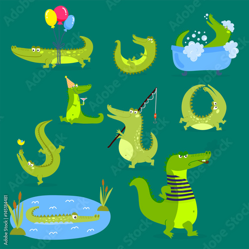 Cartoon green crocodile funny predator australian wildlife river reptile alligator flat vector illustration.