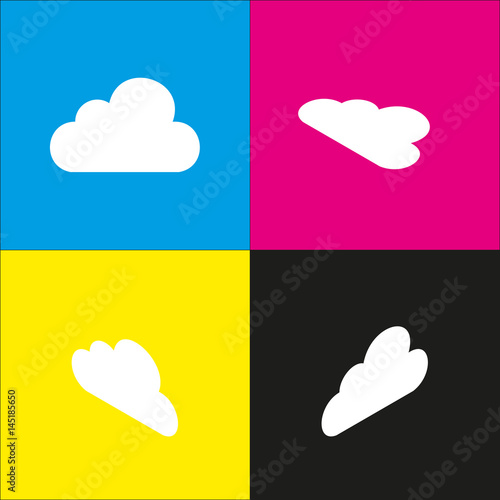 Cloud sign illustration. Vector. White icon with isometric projections on cyan, magenta, yellow and black backgrounds.