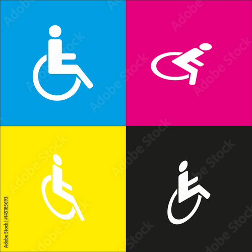 Disabled sign illustration. Vector. White icon with isometric projections on cyan, magenta, yellow and black backgrounds.