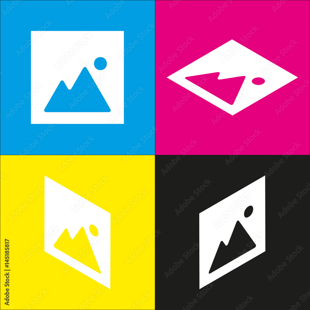 Image sign illustration. Vector. White icon with isometric projections on cyan, magenta, yellow and black backgrounds. Image sign illustration. Vector. White icon with isometric projections on cyan, magenta, yellow and black backgrounds.