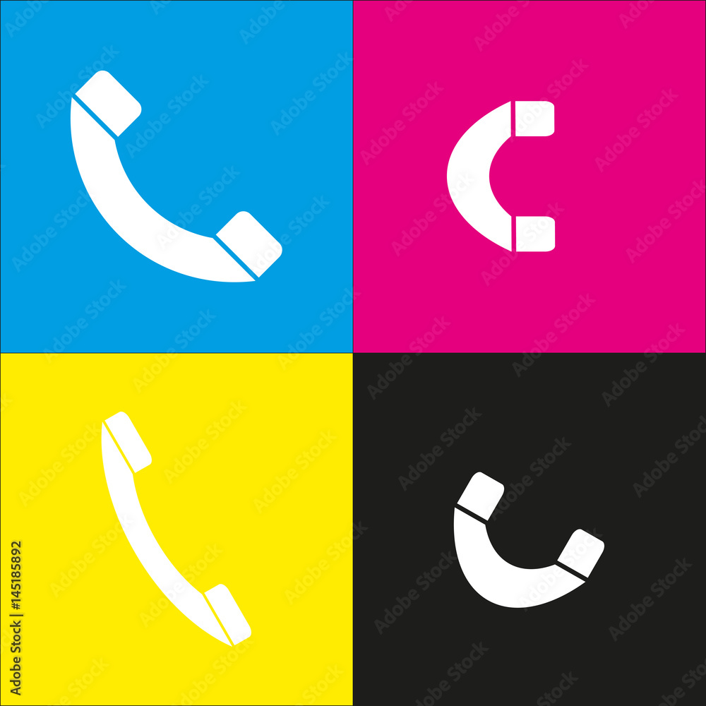 Phone sign illustration. Vector. White icon with isometric projections on cyan, magenta, yellow and black backgrounds.