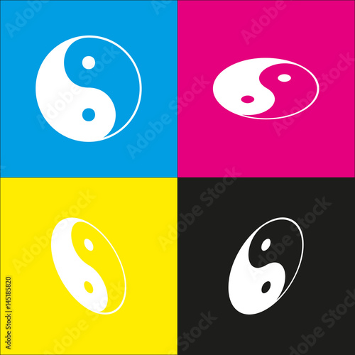 Ying yang symbol of harmony and balance. Vector. White icon with isometric projections on cyan, magenta, yellow and black backgrounds.